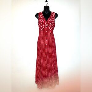 VTG Robbie Bee Women's Maxi Dress 12 Red Floral Tie Front Western Prairie Retro